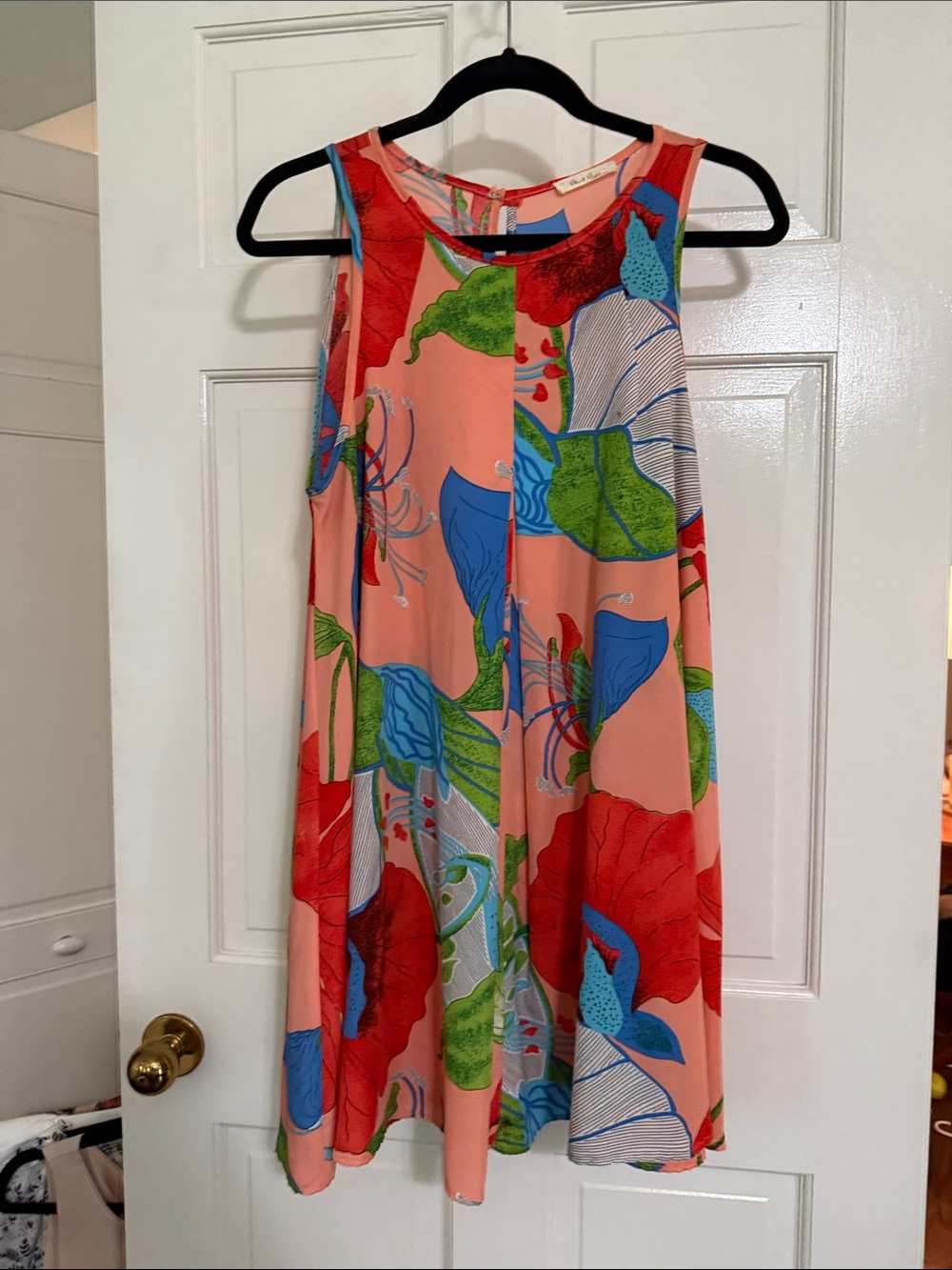 Black Bead Peach Floral Midi Dress with Bold Botanical Print